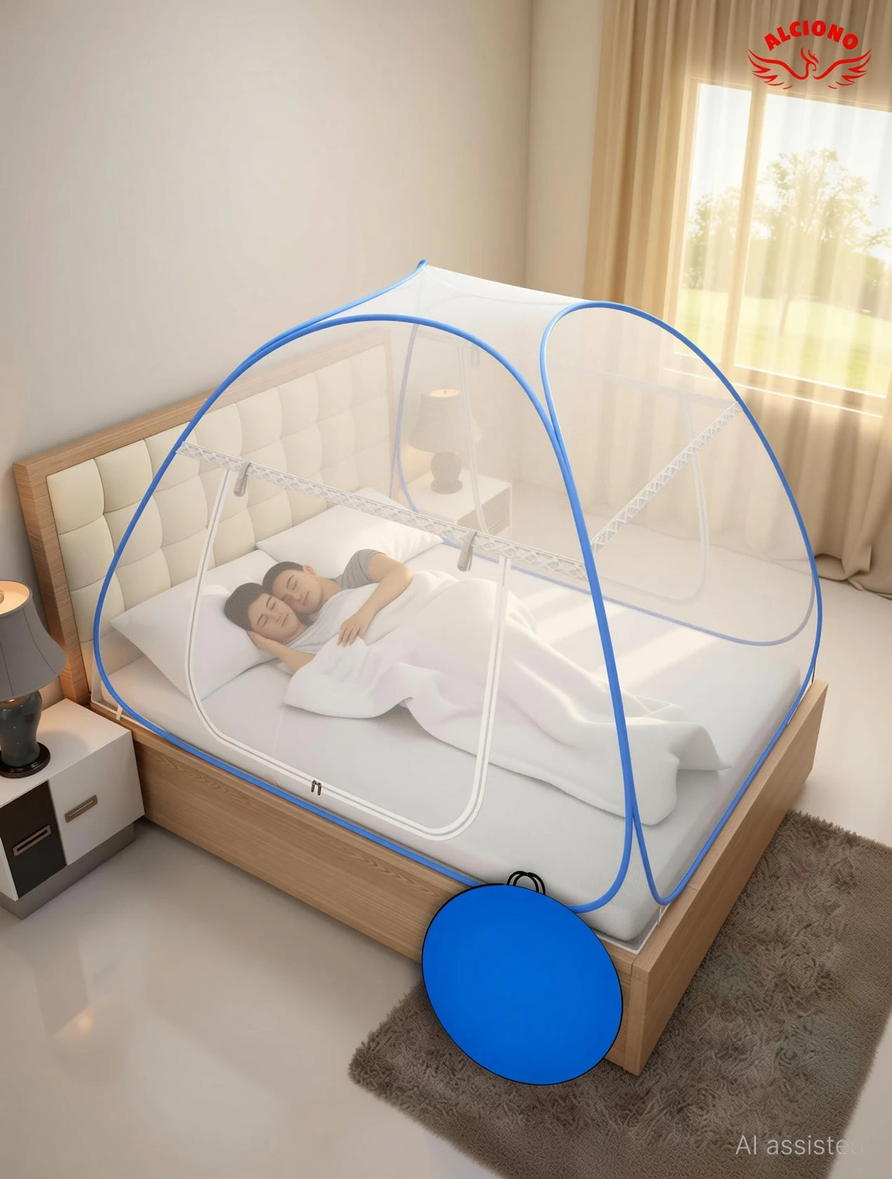 Alciono Double | King Size Bed Foldable Machhardani|L'6.5 X W'6.5 feet Polyester Washable Adults Mosquito Net (Blue, White, Tent)